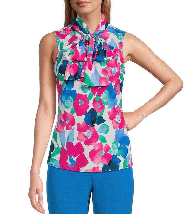 Kasper Tie Neck Sleeveless Floral Print Fitted Top Product Image