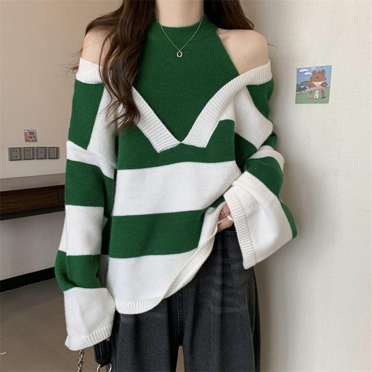 Cold Shoulder Striped Mock Two Piece Oversized Sweater Product Image