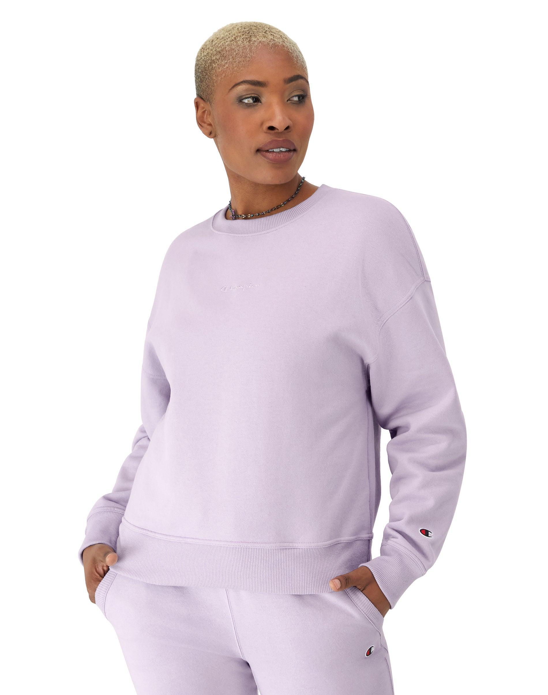 Womens Champion Powerblend Crewneck Sweatshirt, Embroidered Script Logo Morning Dew Purple L Product Image