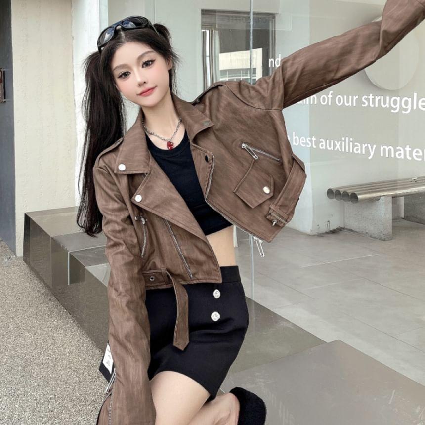 Lapel Collar Plain Zip-Up Faux Leather Crop Biker Jacket Product Image