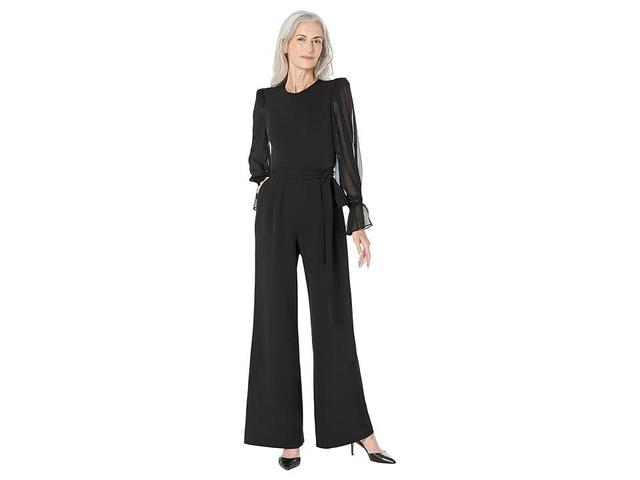 Calvin Klein Crewneck Chiffon Flare-Leg Jumpsuit Black Product Image