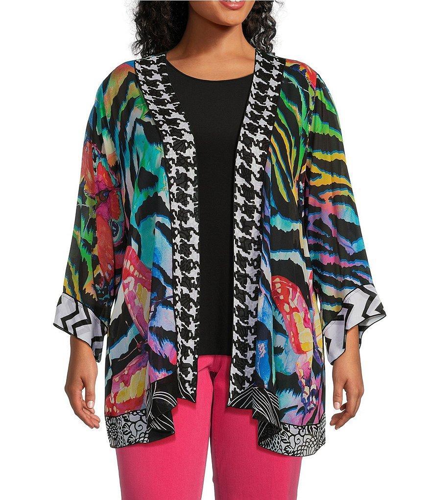 John Mark Plus Size Mixed Print 3/4 Cuffed Sleeve Asymmetrical Hem Open-Front Kimono Product Image