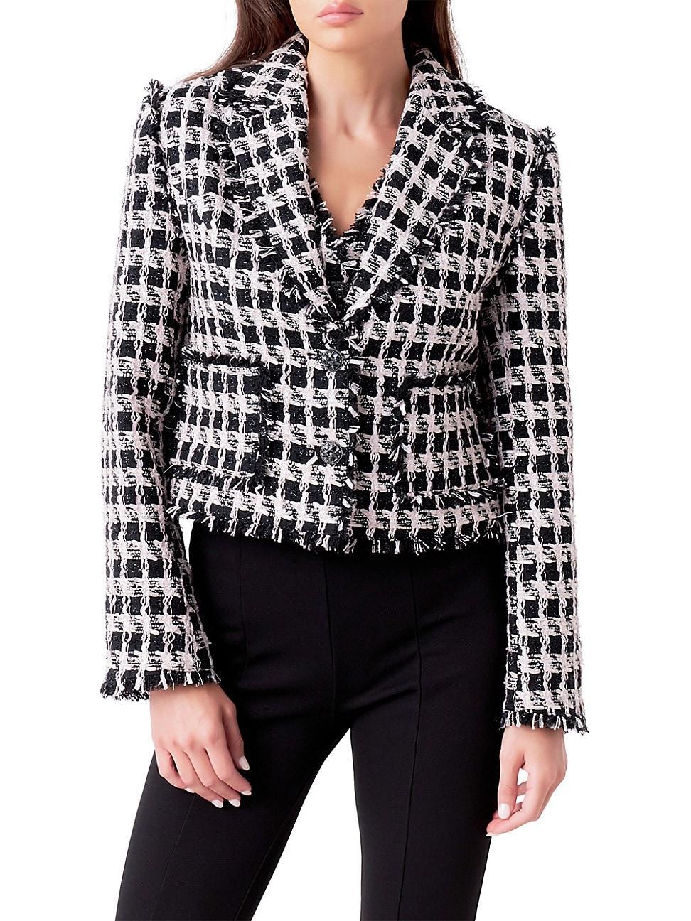 Womens Fringed Tweed Blazer - Black Product Image