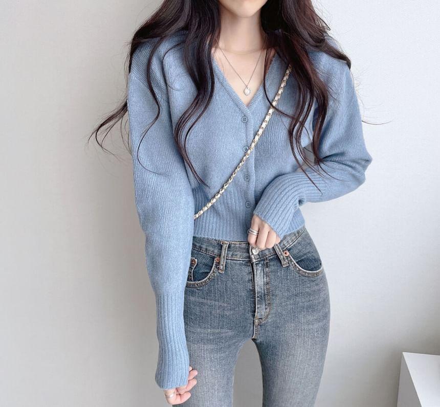 V-Neck Button-Up Plain Crop Cardigan Product Image