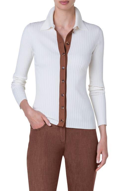 Akris Contrast Placket Cotton & Silk Blend Rib Cardigan Product Image