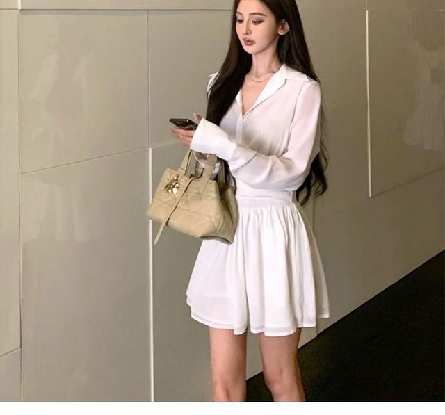 Long Sleeve V-Neck Plain Pleated Mini Shirt Dress Product Image