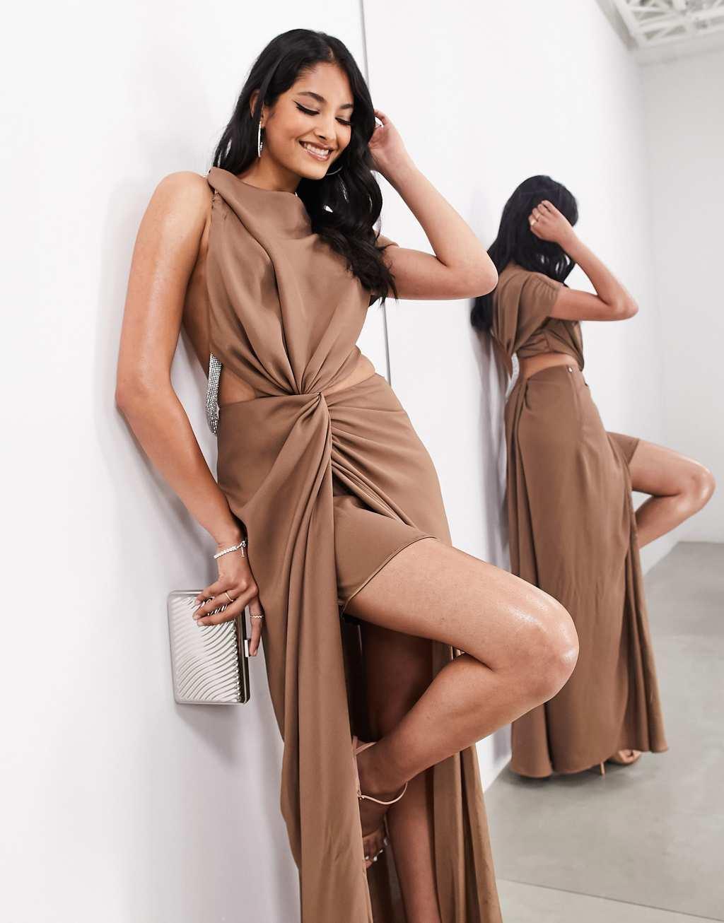 ASOS EDITION premium rope diamante neck detail one sided satin maxi dress in mocha Product Image