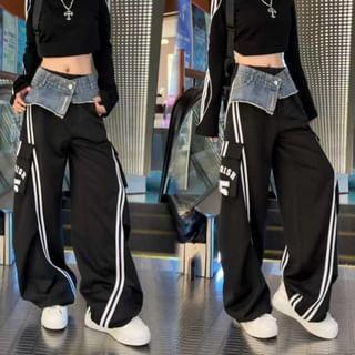 High Rise Mock Two Piece Striped Denim Panel Loose-Fit Wide-Leg Sweatpants Product Image