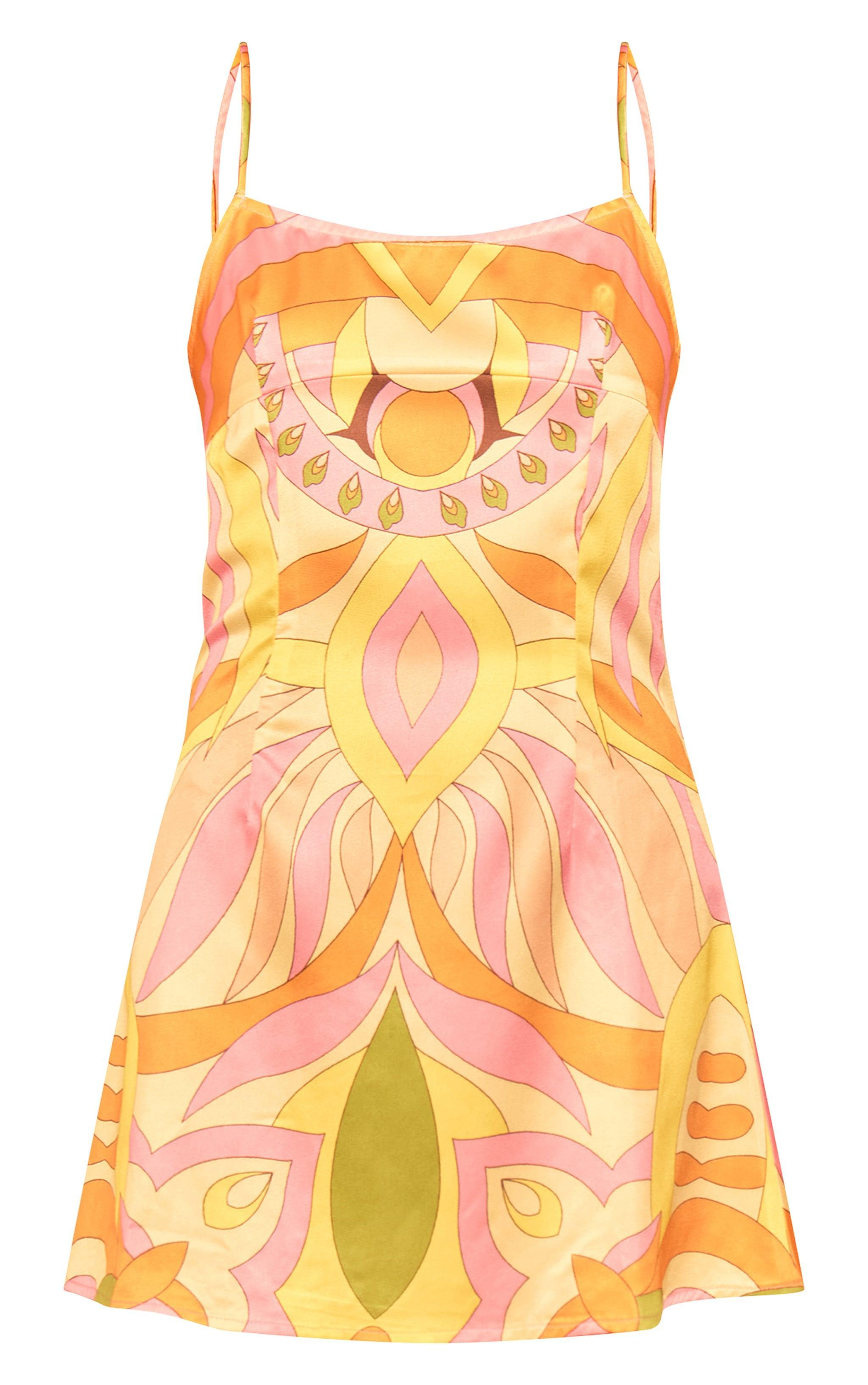 Orange Floral Printed Satin Shift Dress Product Image