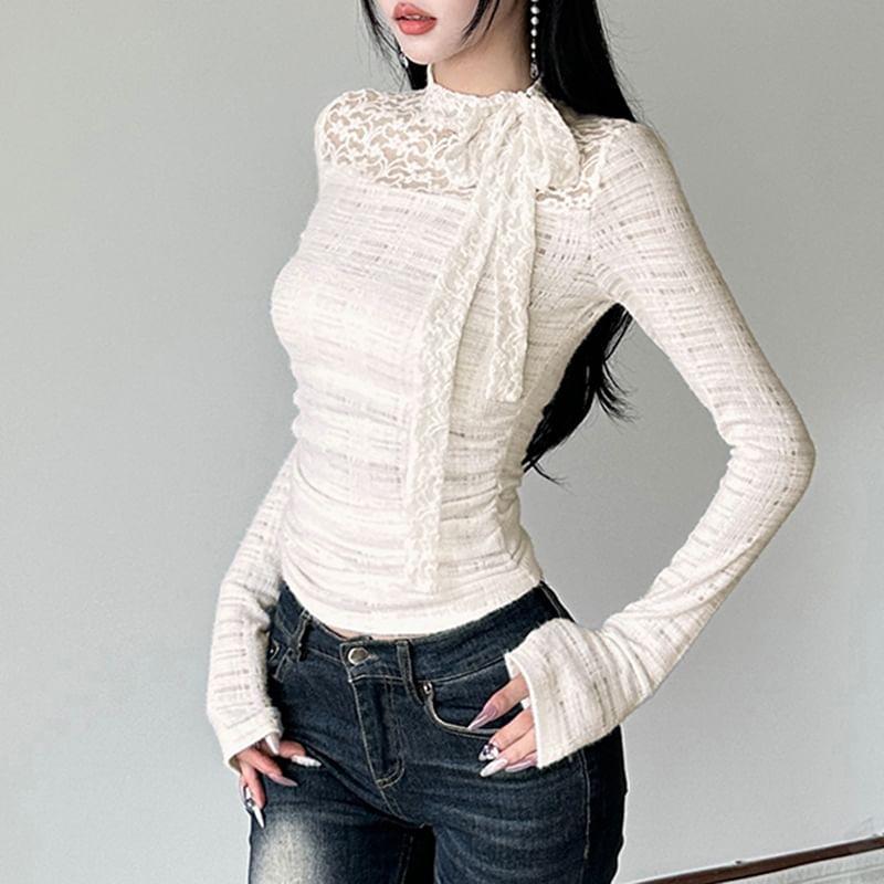 Long Sleeve Bow Accent Lace Panel Slim-Fit Top Product Image