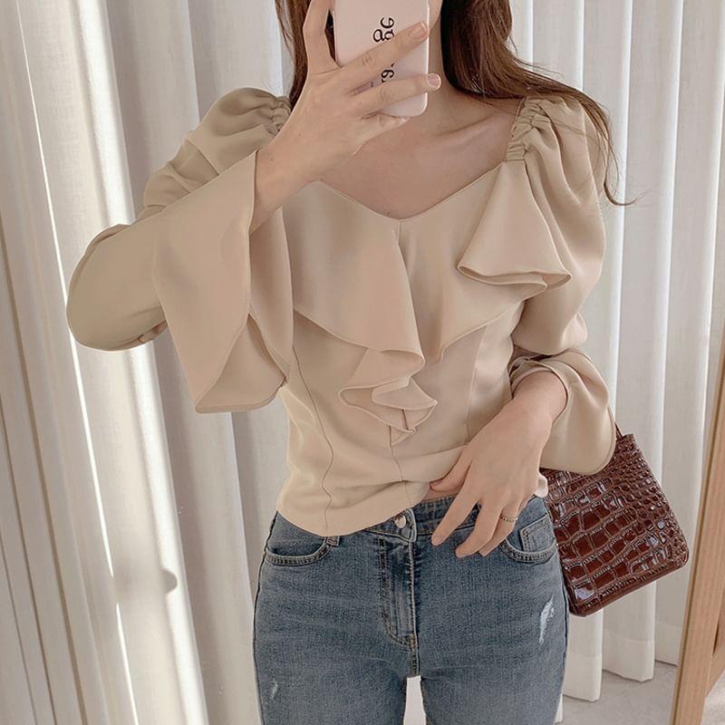 Long-Sleeve V-Neck Ruffle Plain Crop Blouse Product Image