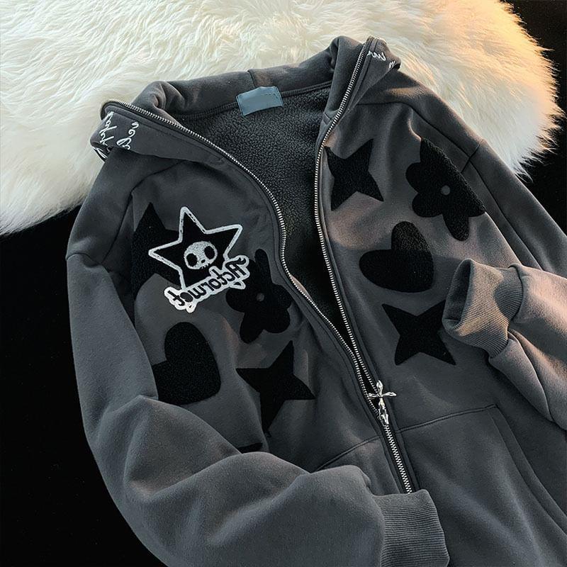 Long Sleeve Star Embroidered Loose-Fit Zip-Up Hooded Jacket Product Image