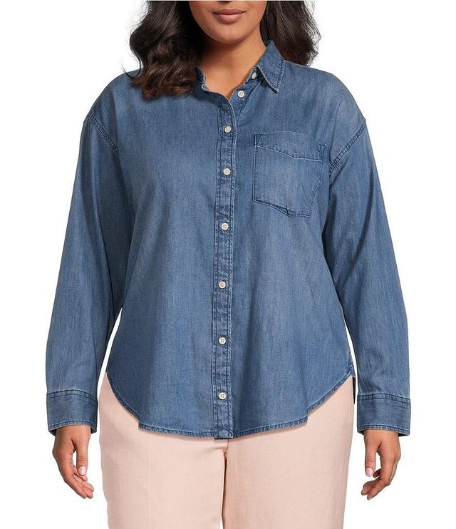 Lauren Ralph Lauren Plus Size Denim Twill Point Collar Long Sleeve Button-Front Shirt Product Image