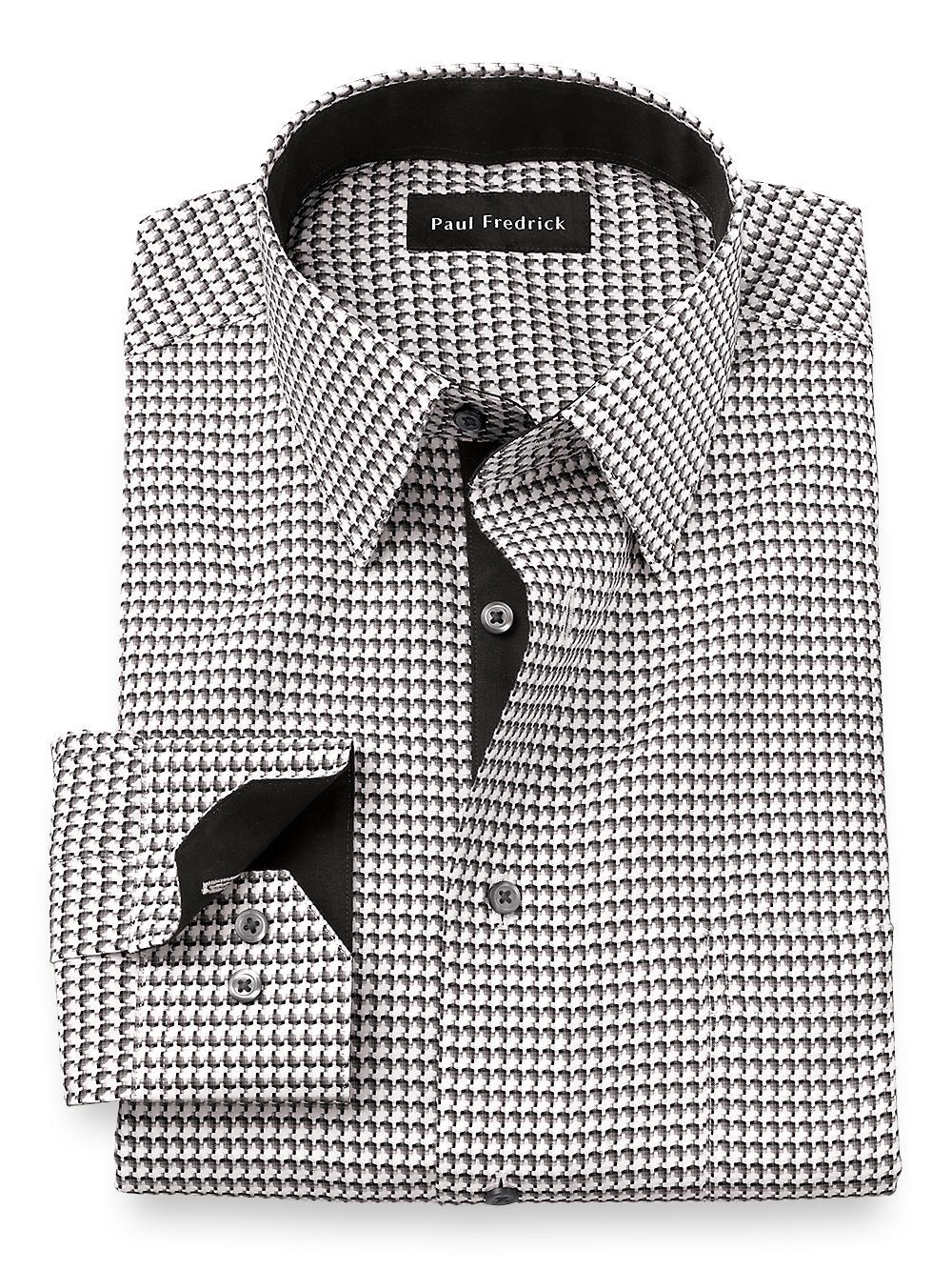 Non-Iron Cotton Houndstooth Dress Shirt With Contrast Trim - Black Product Image