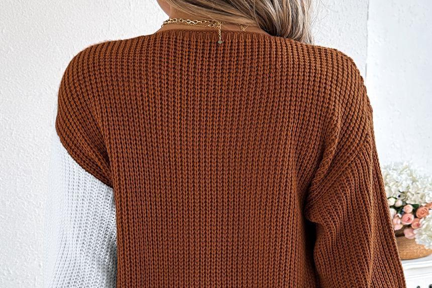 V-Neck Two Tone Button Accent Sweater Product Image