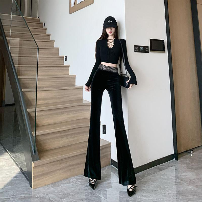 High Rise Plain Studded Flared Pants Product Image