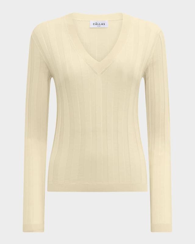 Rione Ribbed V-Neck Wool Sweater Product Image