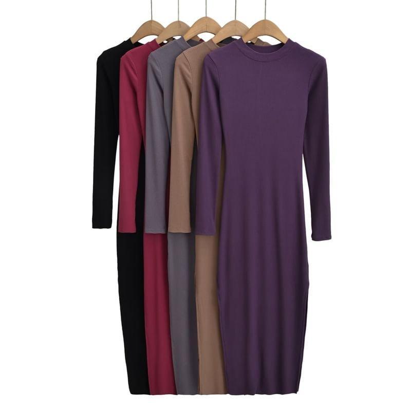 Long-Sleeve Crew Neck Plain Slit Midi Bodycon Dress Product Image