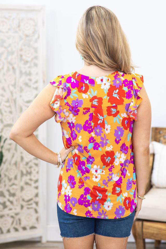 Orange Floral Ruffle Sleeve Wrinkle Free Top Product Image