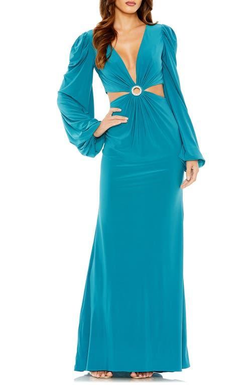 Mac Duggal Womens Jersey Puff Sleeve Cut Out Column Gown Product Image