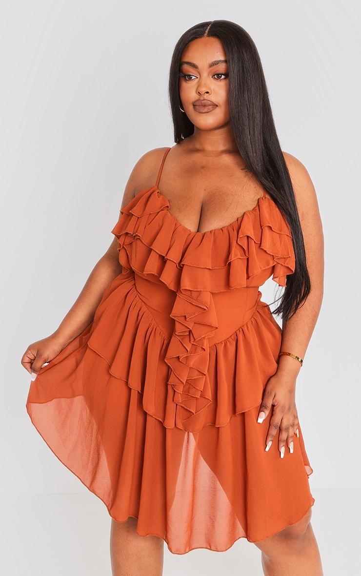 Plus Rust Cold Shoulder Ruffle Shift Dress Product Image