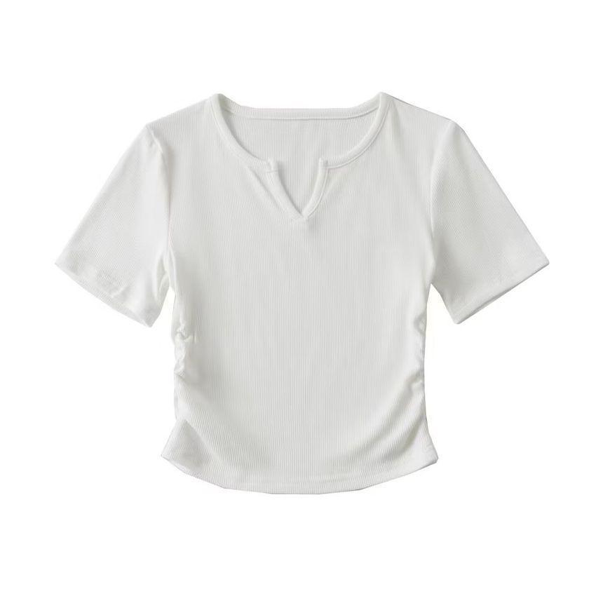 Short-Sleeve Notch Neck Plain T-Shirt Product Image