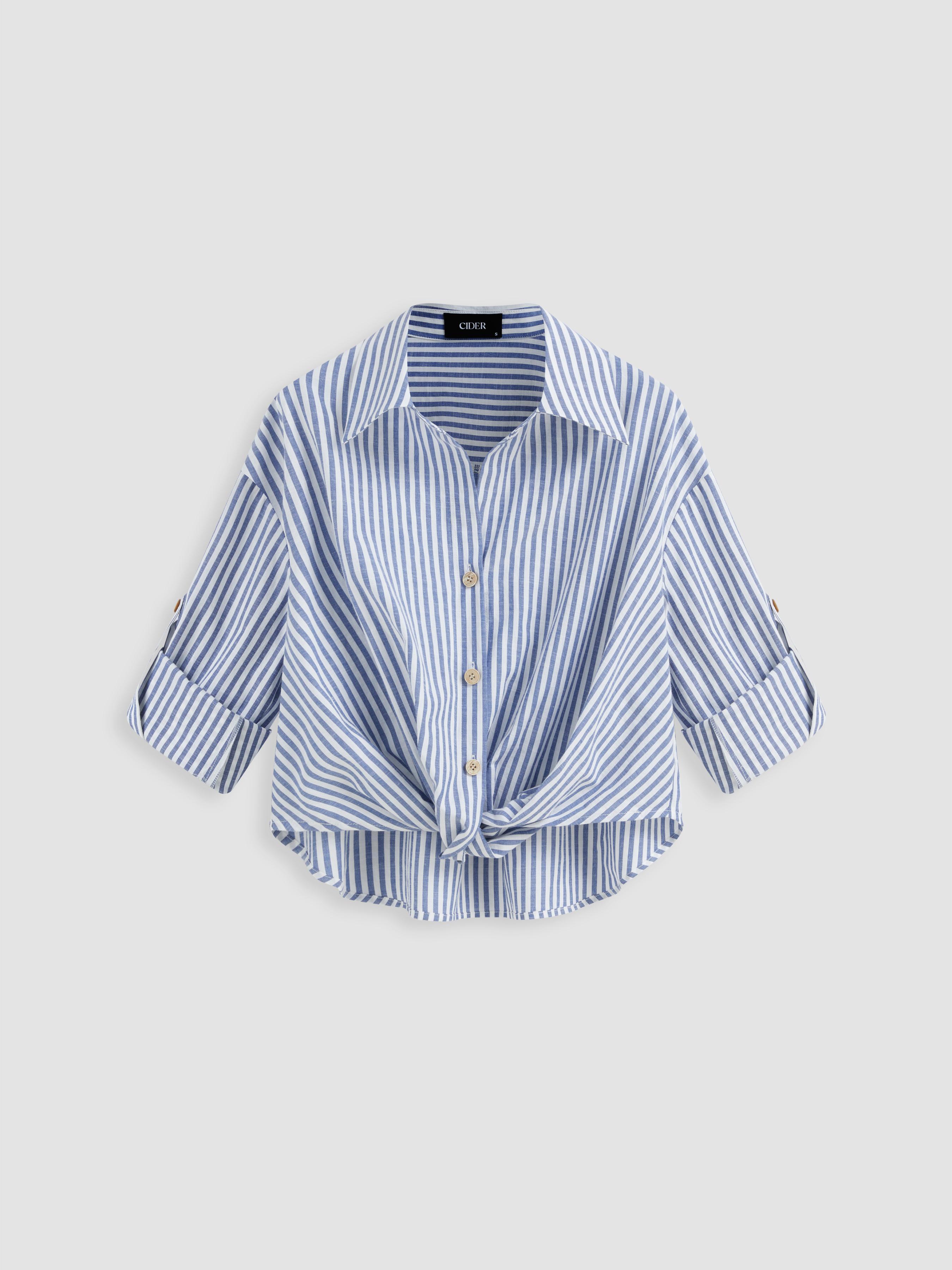 Cotton-blend Collar Striped Knotted Roll-up Long Sleeve Shirt product image