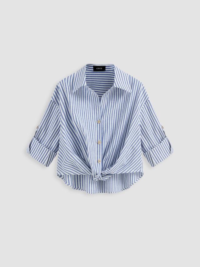 Cotton-blend Collar Striped Knotted Roll-up Long Sleeve Shirt Product Image