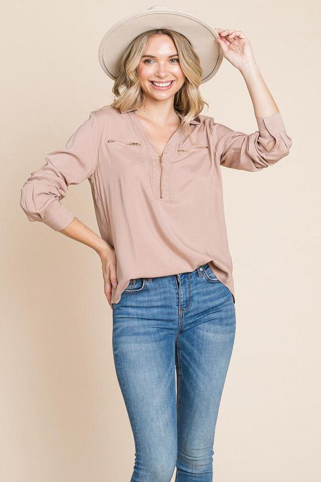 V Neck Front Zip Up Long Sleeve Top Product Image