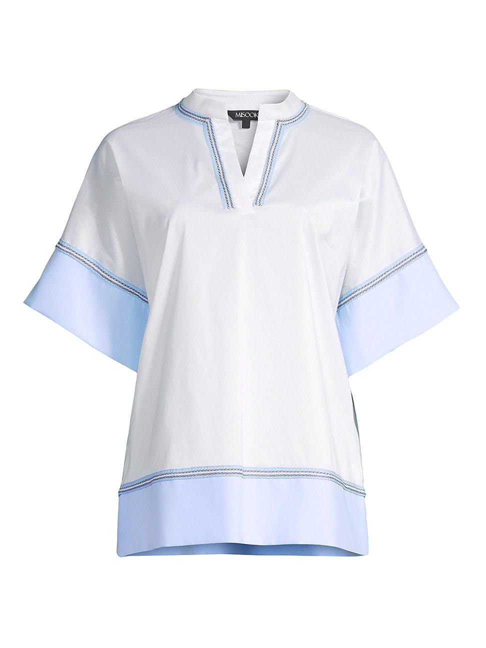 Misook Elbow-Sleeve Split-Neck Cotton Poplin Blouse - Size: MEDIUM - WHITE/CIRRUS BLUE Product Image