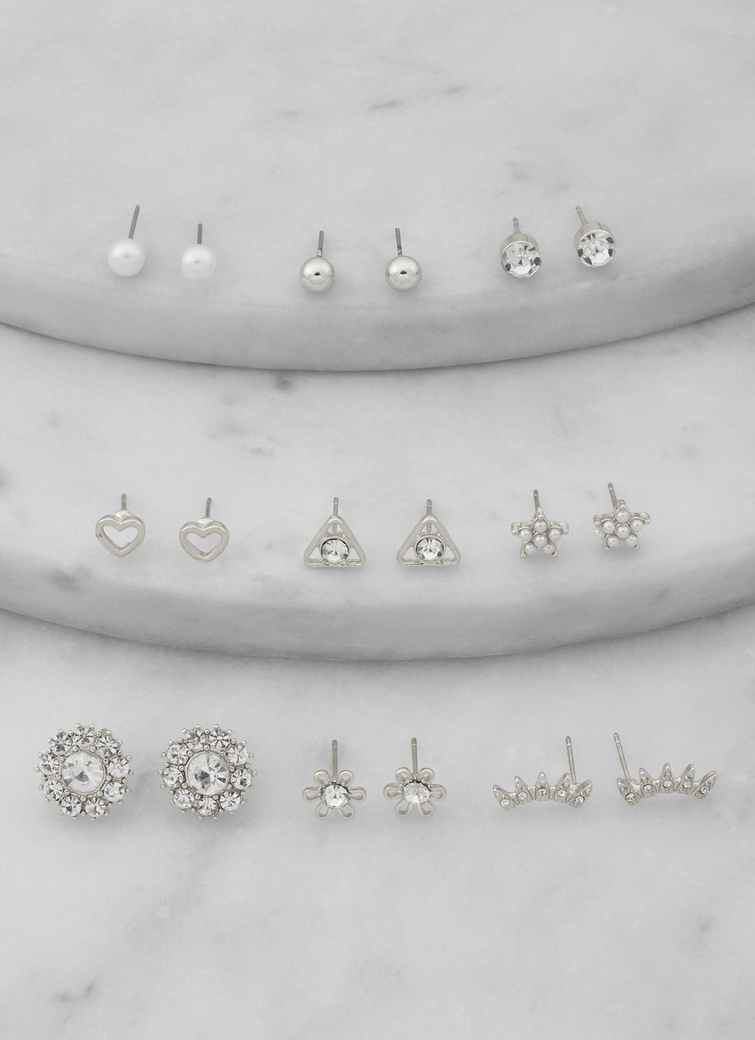 Rhinestone Faux Pearl Shaped Stud Earrings Set of 9 Female Product Image