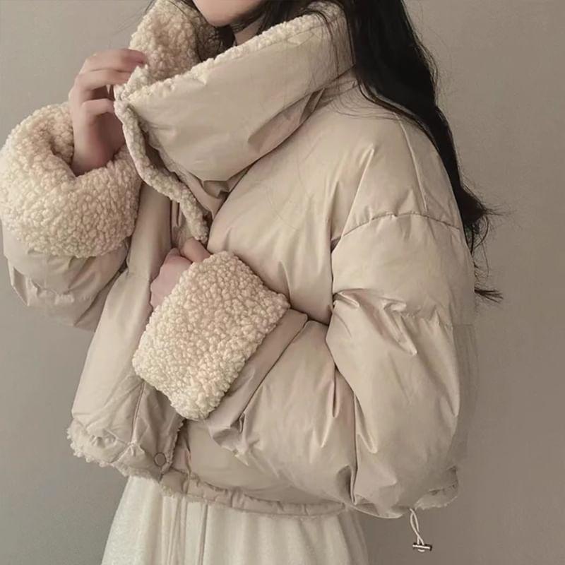 Plain Fluffy Trim Snap Button Puffer Jacket Product Image