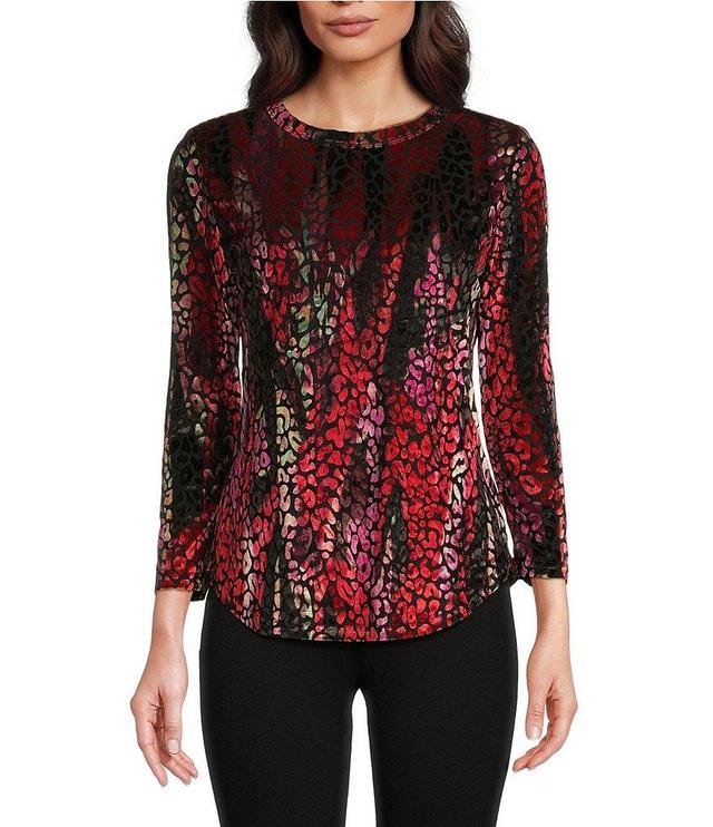 Calessa Knit Burnout Velvet Abstract Wave Print Crew Neck 3/4 Sleeve Tunic Product Image