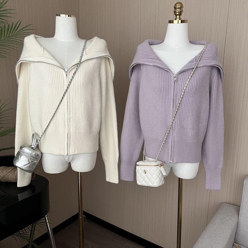 Plain Shawl Collar Ribbed Zip Cardigan Product Image