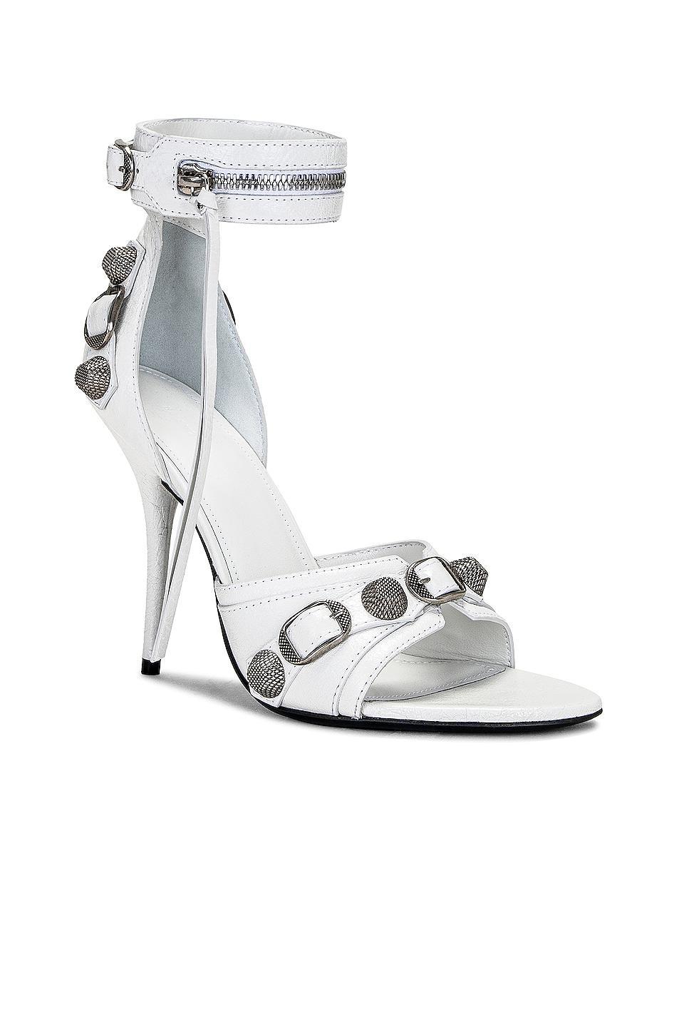 Balenciaga Cagole Sandal in Optic White & Aged Nickel - White. Size 36 (also in 36.5, 37.5, 39, 39.5). Product Image