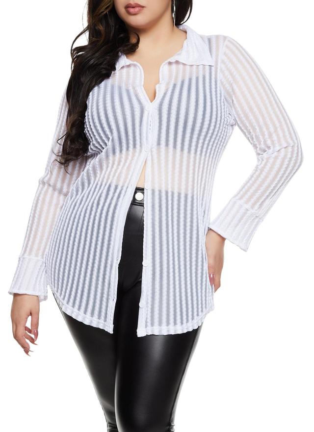 Womens Plus Size Striped Mesh Detail Button Front Shirt Product Image