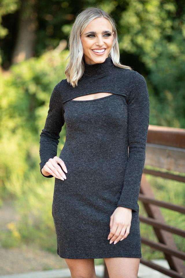 Black Rib Knit Mock Neck Dress With Cutout Product Image