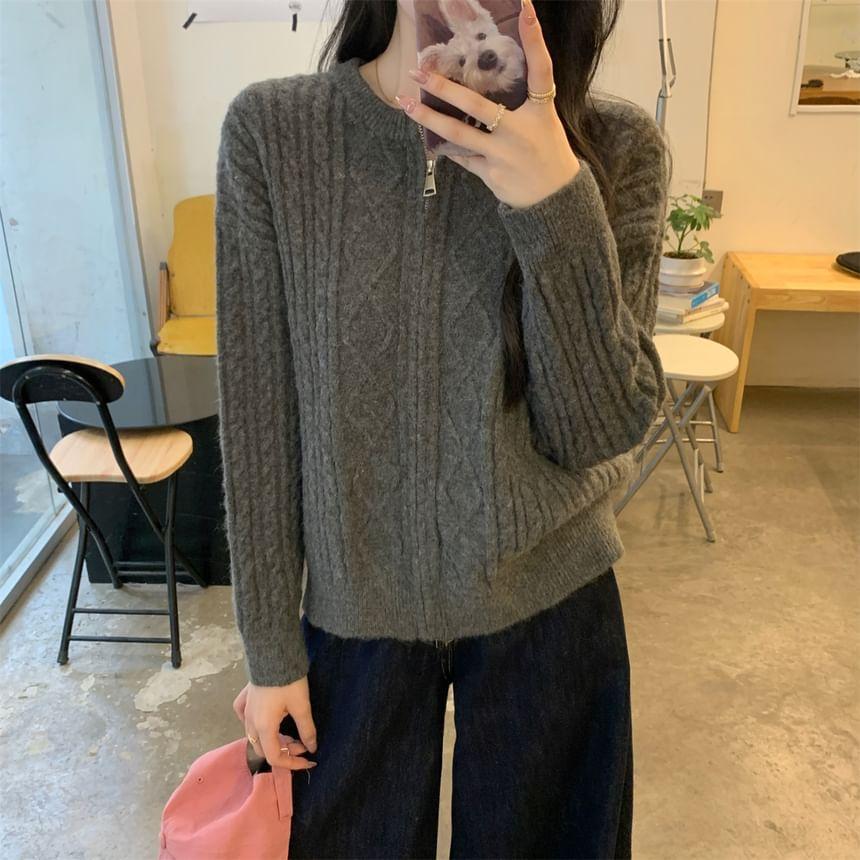 Round Neck Cable Knit Zip Cardigan Product Image