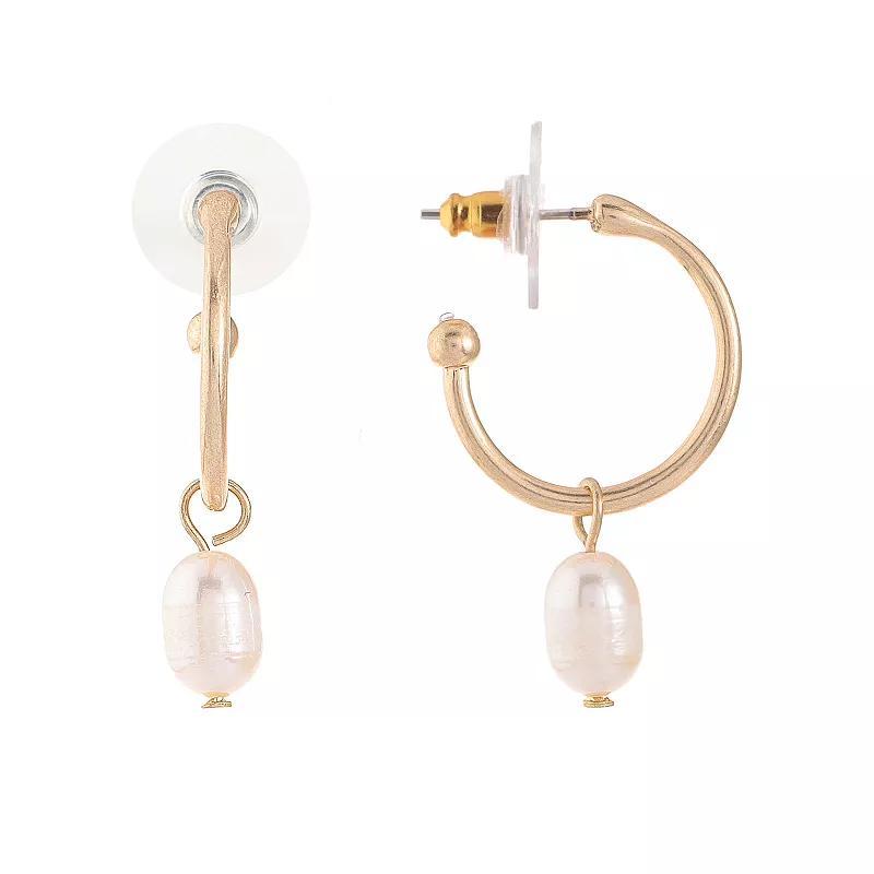 Bella Uno Worn Gold Freshwater Pearl Charm Hoop Earrings, Womens, Gold Tone Product Image