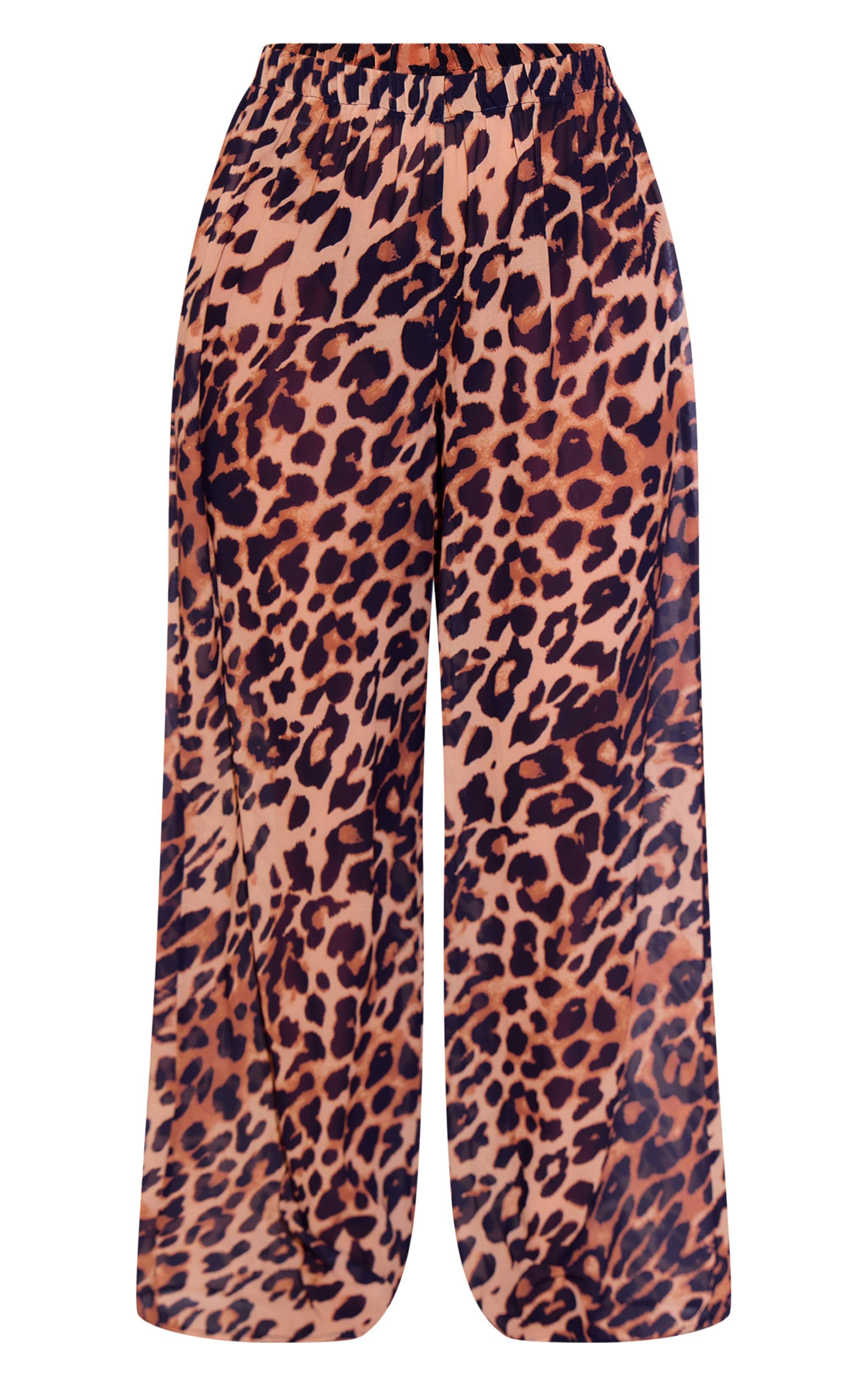 Brown Leopard Print Wide Leg Beach Pants Product Image