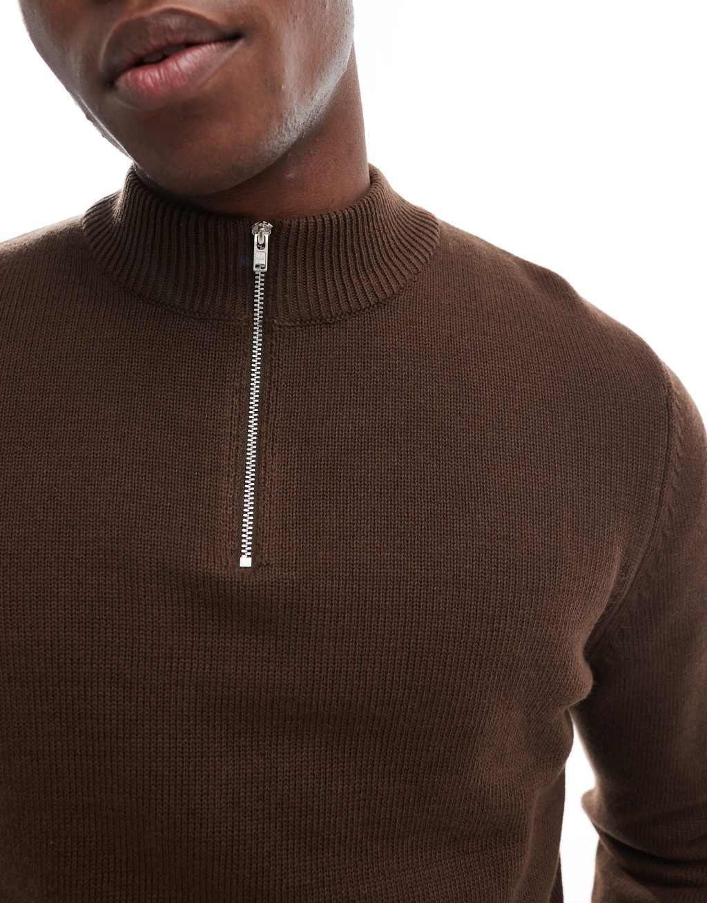 ASOS DESIGN midweight knitted quarter zip sweater in brown Product Image