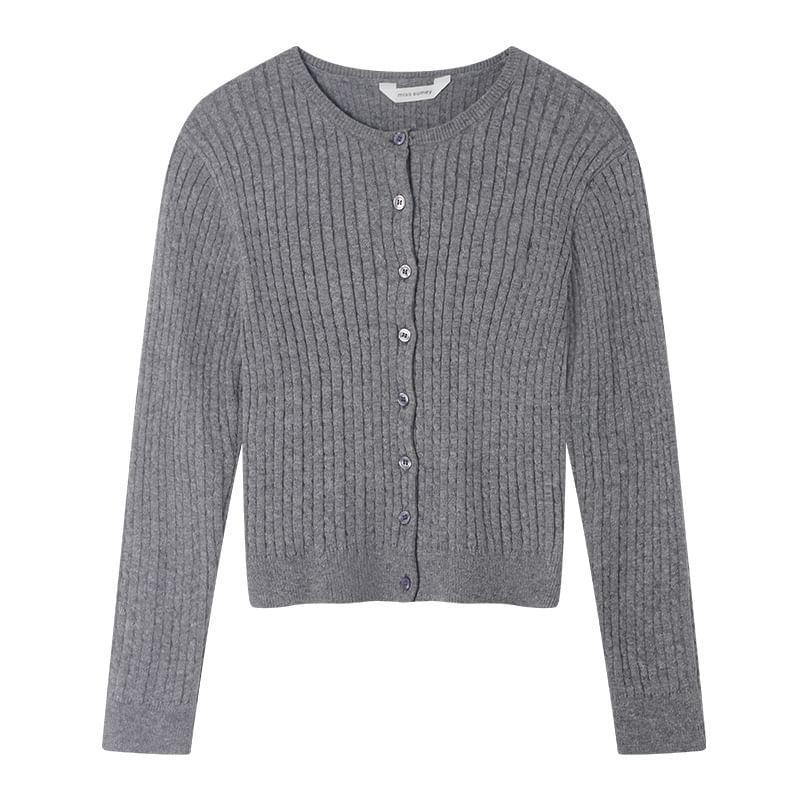 Round Neck Plain Cable Knit Cardigan Product Image