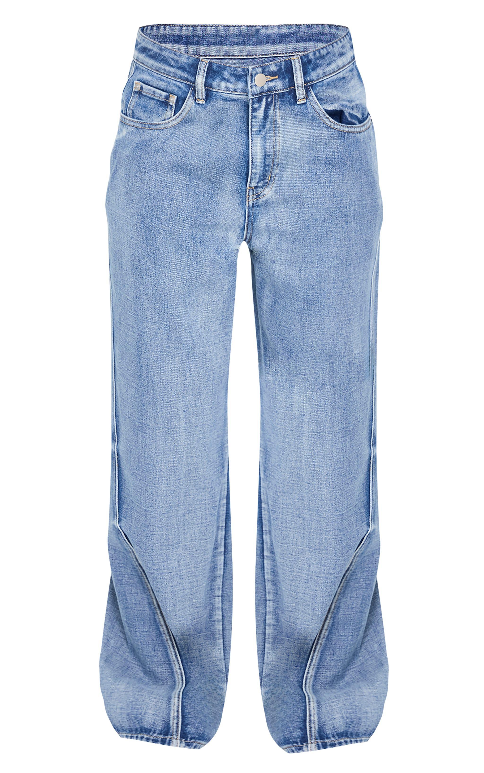 Acid Blue Wash Low Rise Seam Detail Wide Leg Jeans Product Image