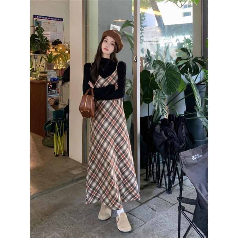 Long-Sleeve Mock Neck Plain Slim Fit Tee / Plaid Midi A-Line Jumper Dress Product Image