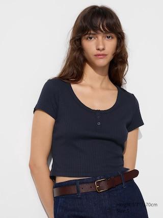 Womens Pointelle Henley Neck T-Shirt Navy Small UNIQLO US Product Image