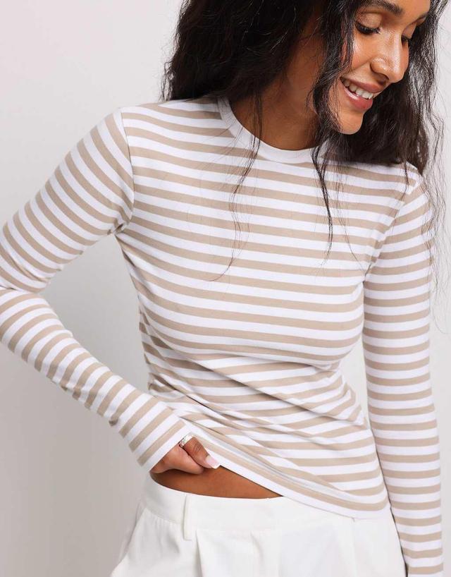 NA-KD long sleeve fitted t-shirt in beige white stripe Product Image