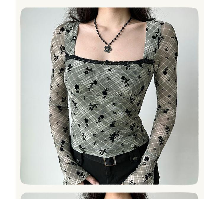 Long-Sleeve Square Neck Plaid Floral Jacquard Lace Trim Slim Fit Crop Top Product Image