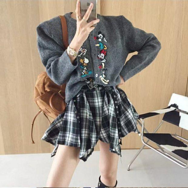 High Rise Belted Gingham Asymmetric Mini Skirt Product Image