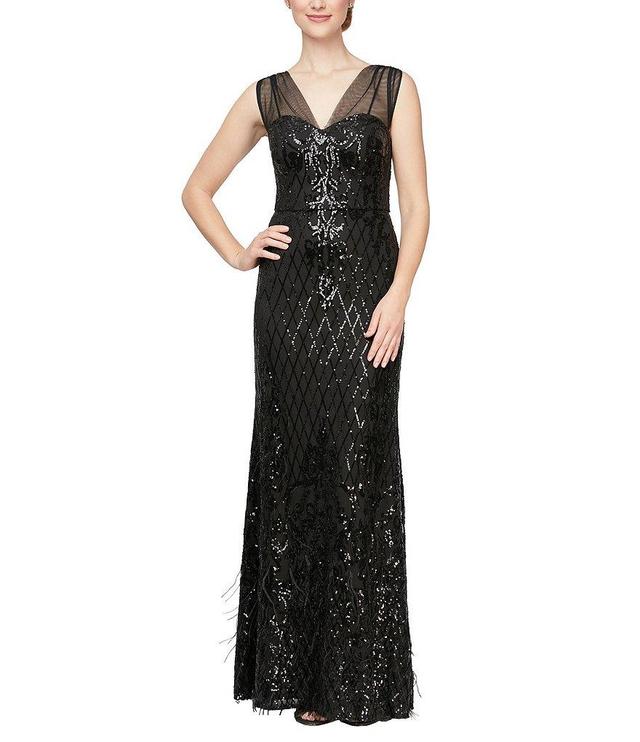 Alex Evenings Illusion V-Neck Sleeveless Sequin Pattern Feather Detail Sheath Dress Product Image