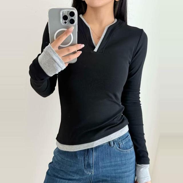 Long Sleeve V-Neck Mock Two Piece T-Shirt Product Image